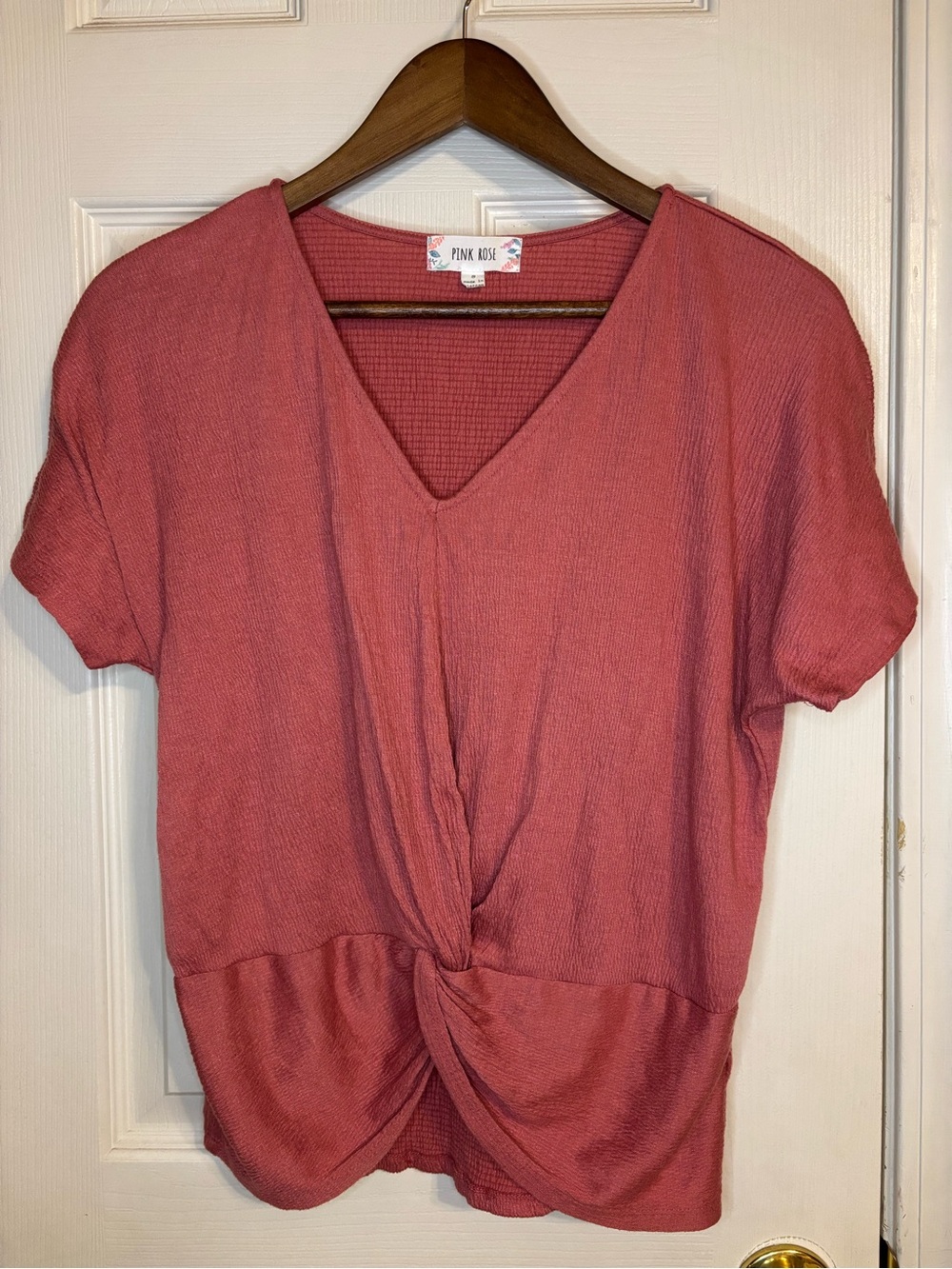 Pink Rose Twist-Front V-Neck Short Sleeve Top in Coral